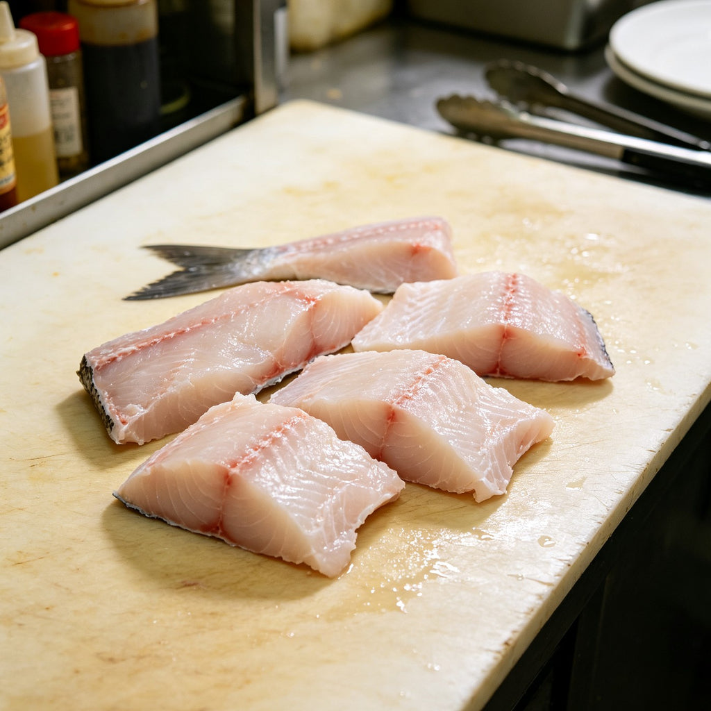 Raw basa cubed portions on a white chopping board
