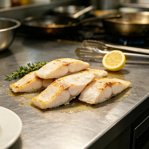 Seared basa cubes on a griddle with lemon and herbs