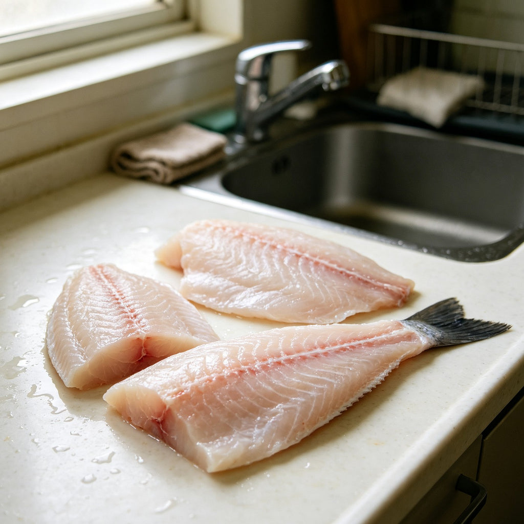 Two raw basa fillets on a white counter beside a sink