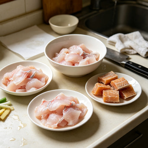 Bowls of sliced fish and cubed fish on a kitchen counter