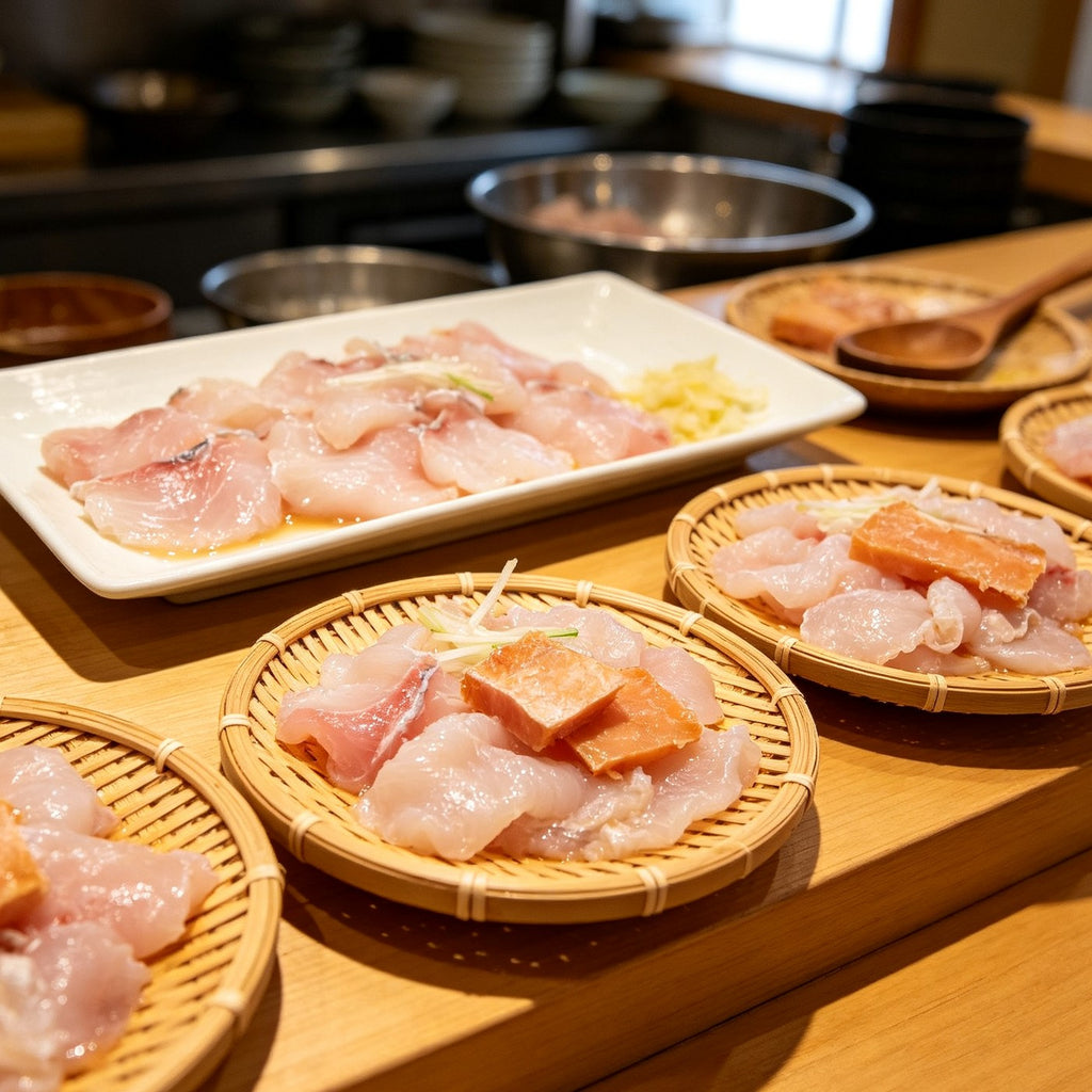 Marinated fish pieces arranged in bamboo baskets