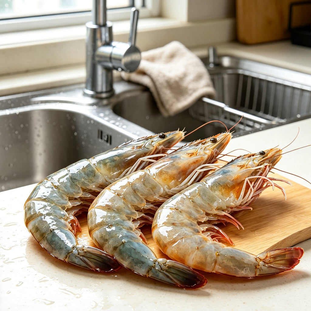 Raw whiteleg shrimp with grey-blue banded legs on a wooden board