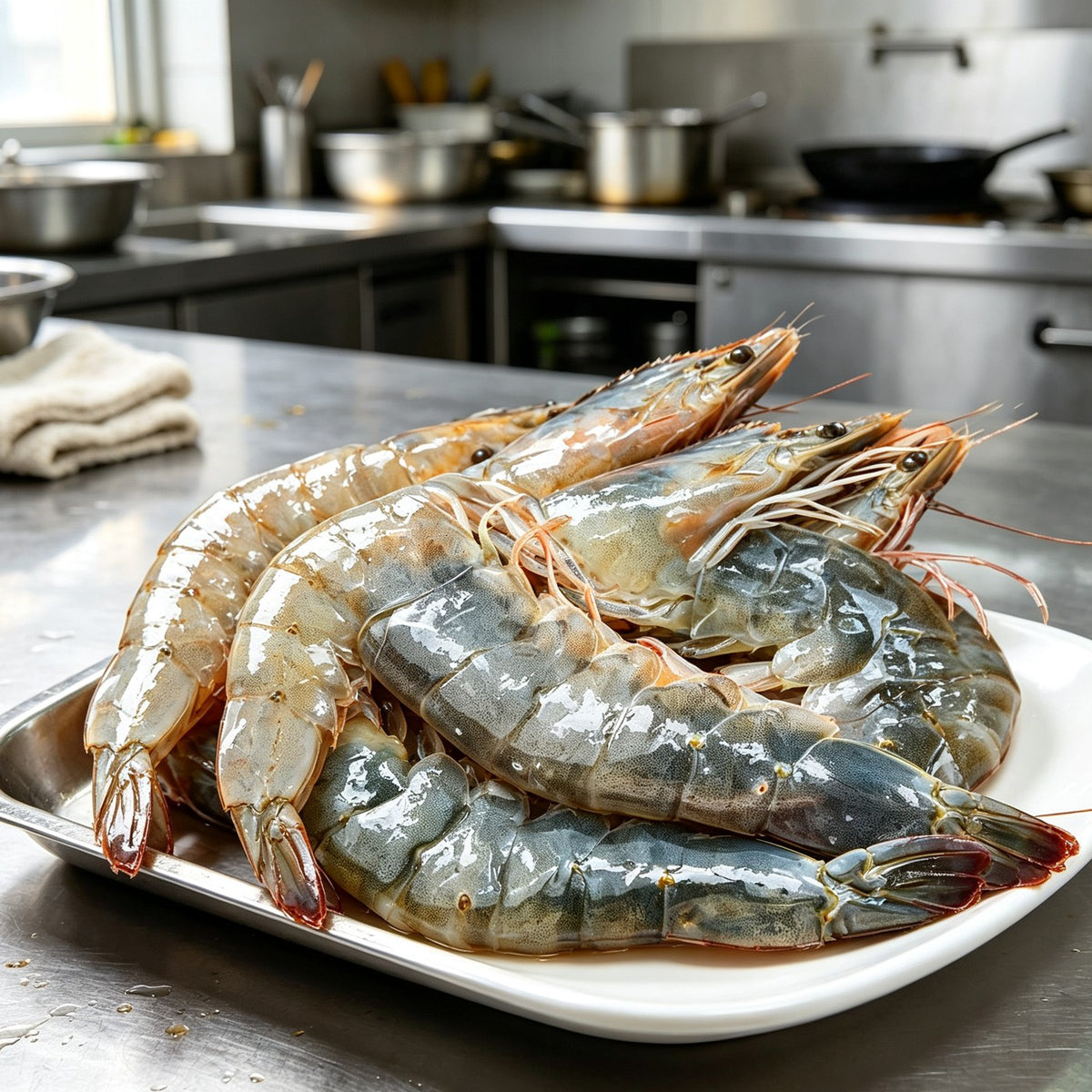 A pile of raw head-on whiteleg shrimp on a stainless steel tray