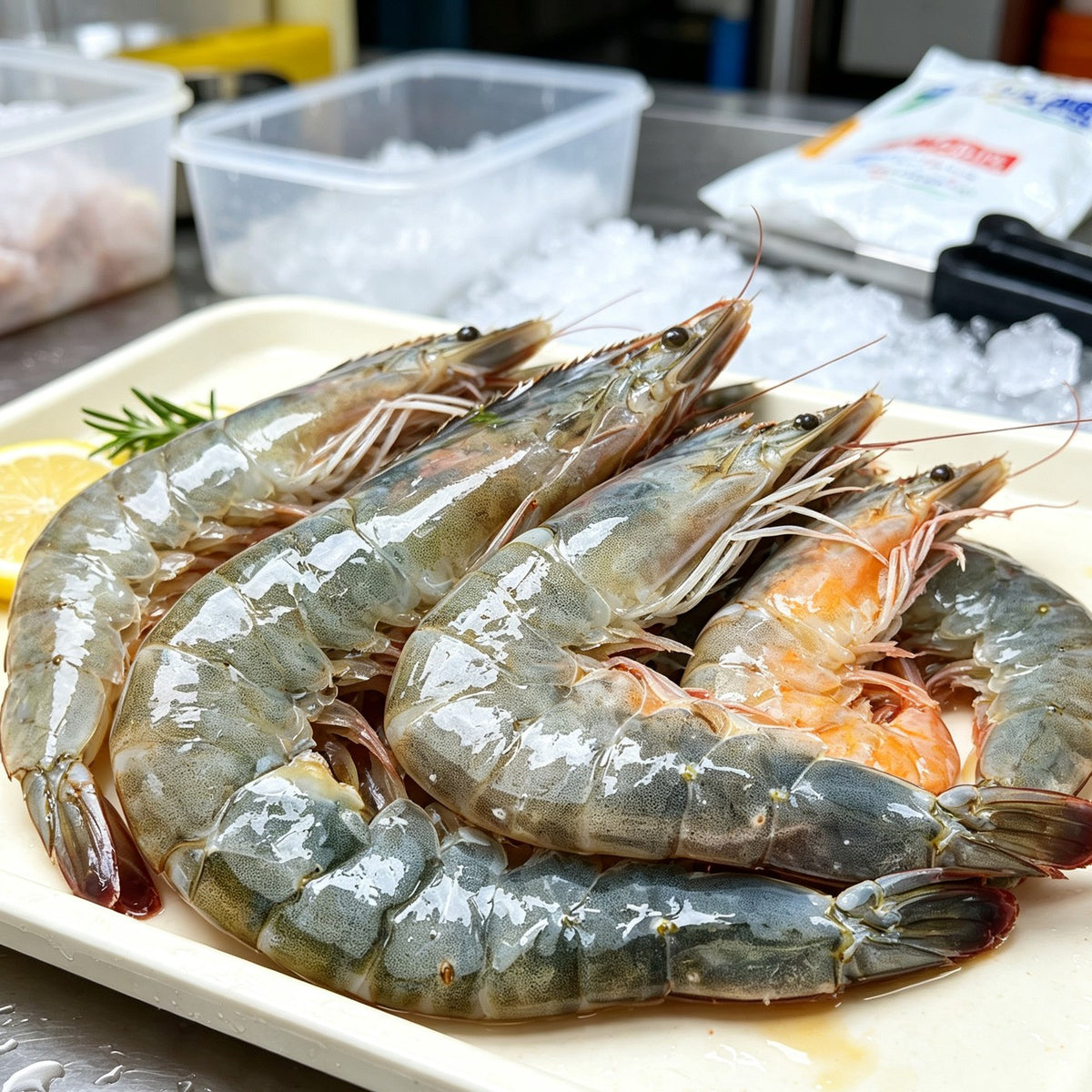 Fresh raw whiteleg shrimp arranged on a white plate with lemon