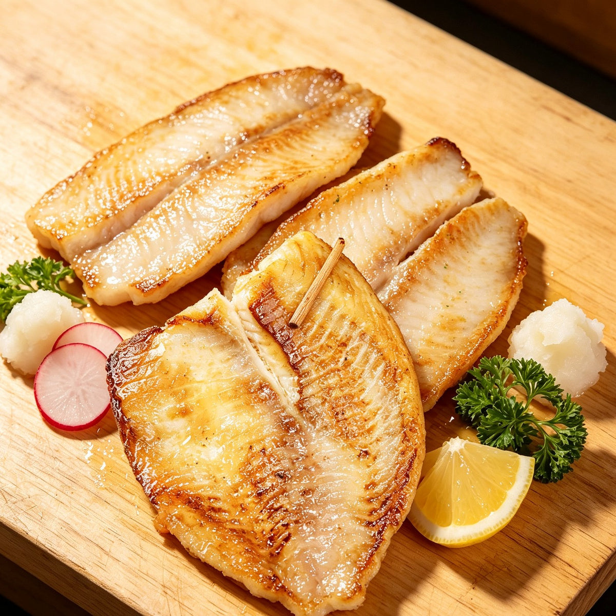 Golden pan-seared tilapia fillets on a wooden board with lemon and radish