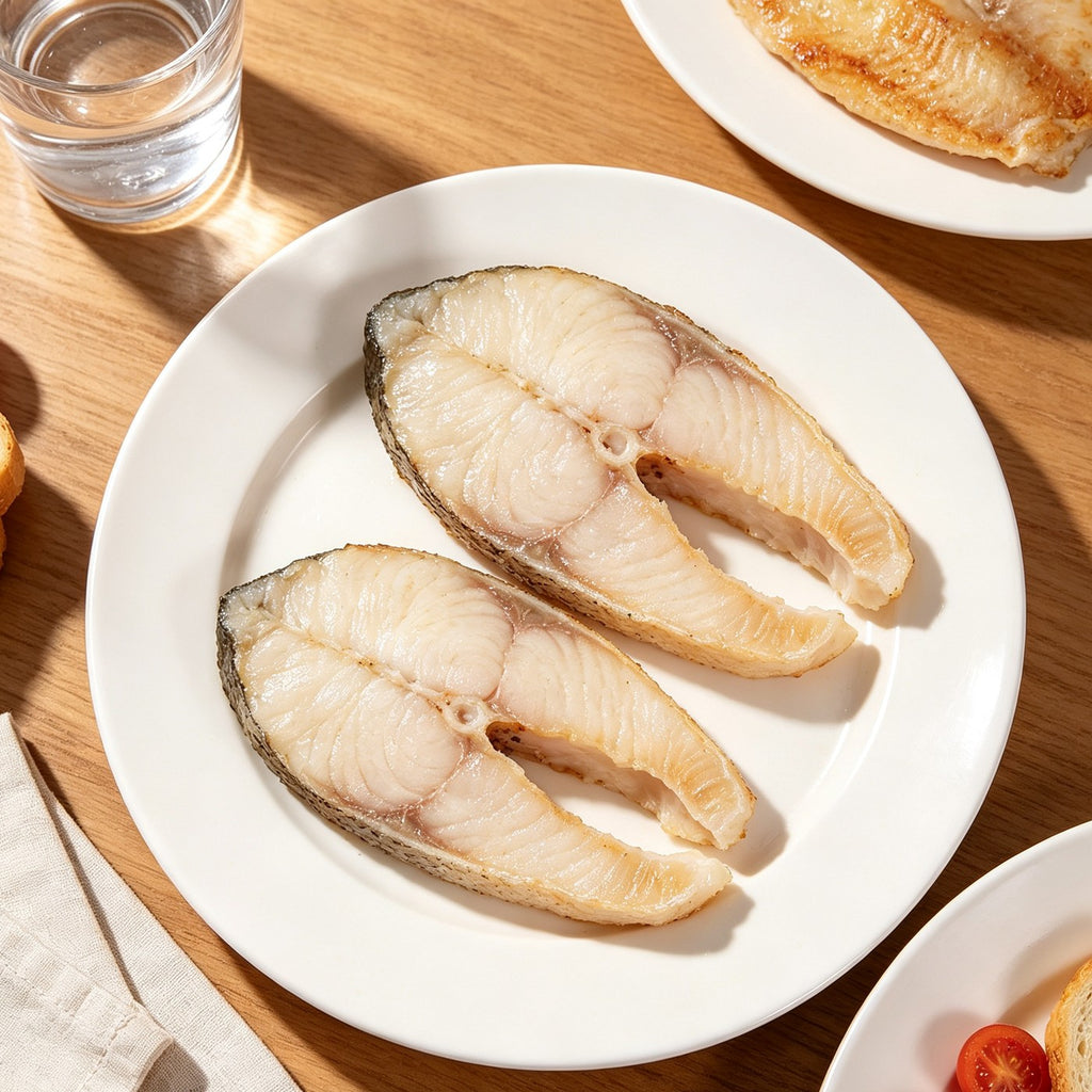 Two cooked tilapia fillets on a white plate showing white flaking flesh
