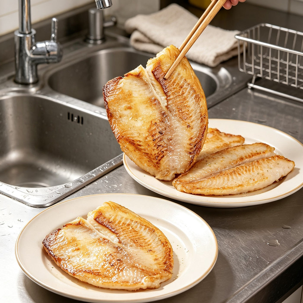 Seared tilapia fillet being lifted from a pan above a serving plate