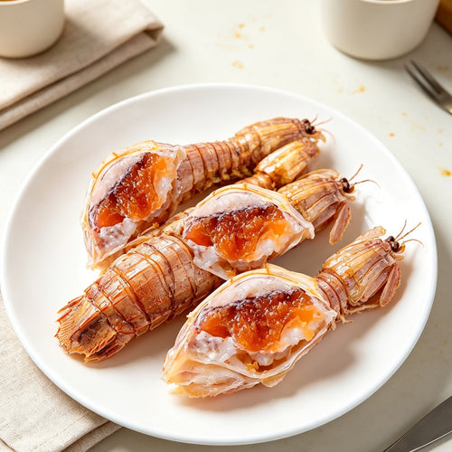 Mantis shrimp with roe arranged on a white plate