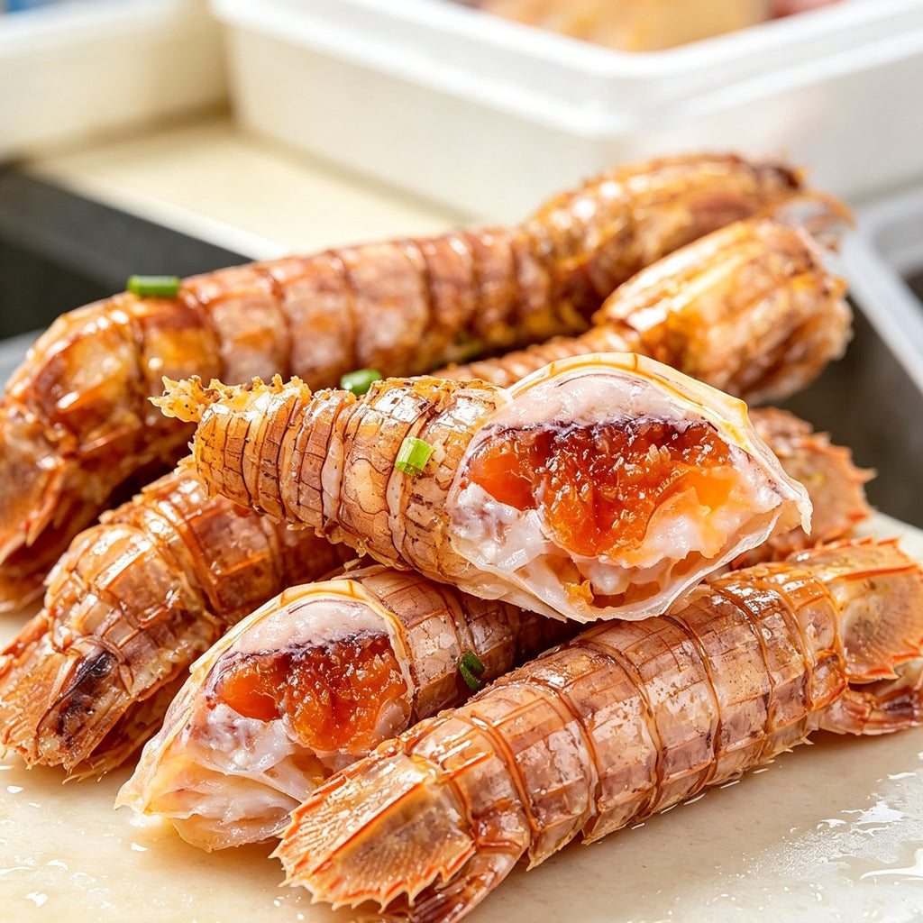 Fresh mantis shrimp on a plate with orange coral visible along the body