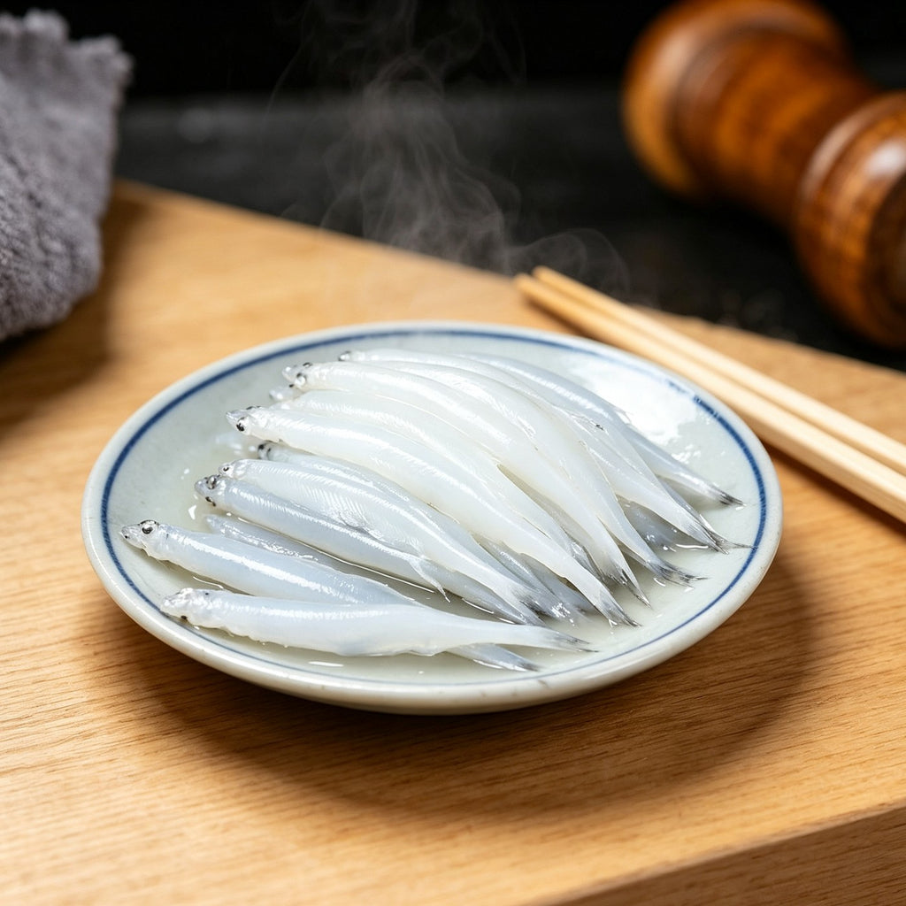 Small silvery whitebait arranged on a white plate with chopsticks