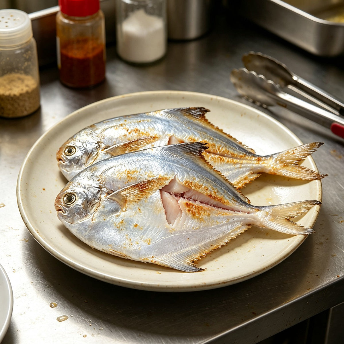Whole silver pomfret with scored skin on a white plate