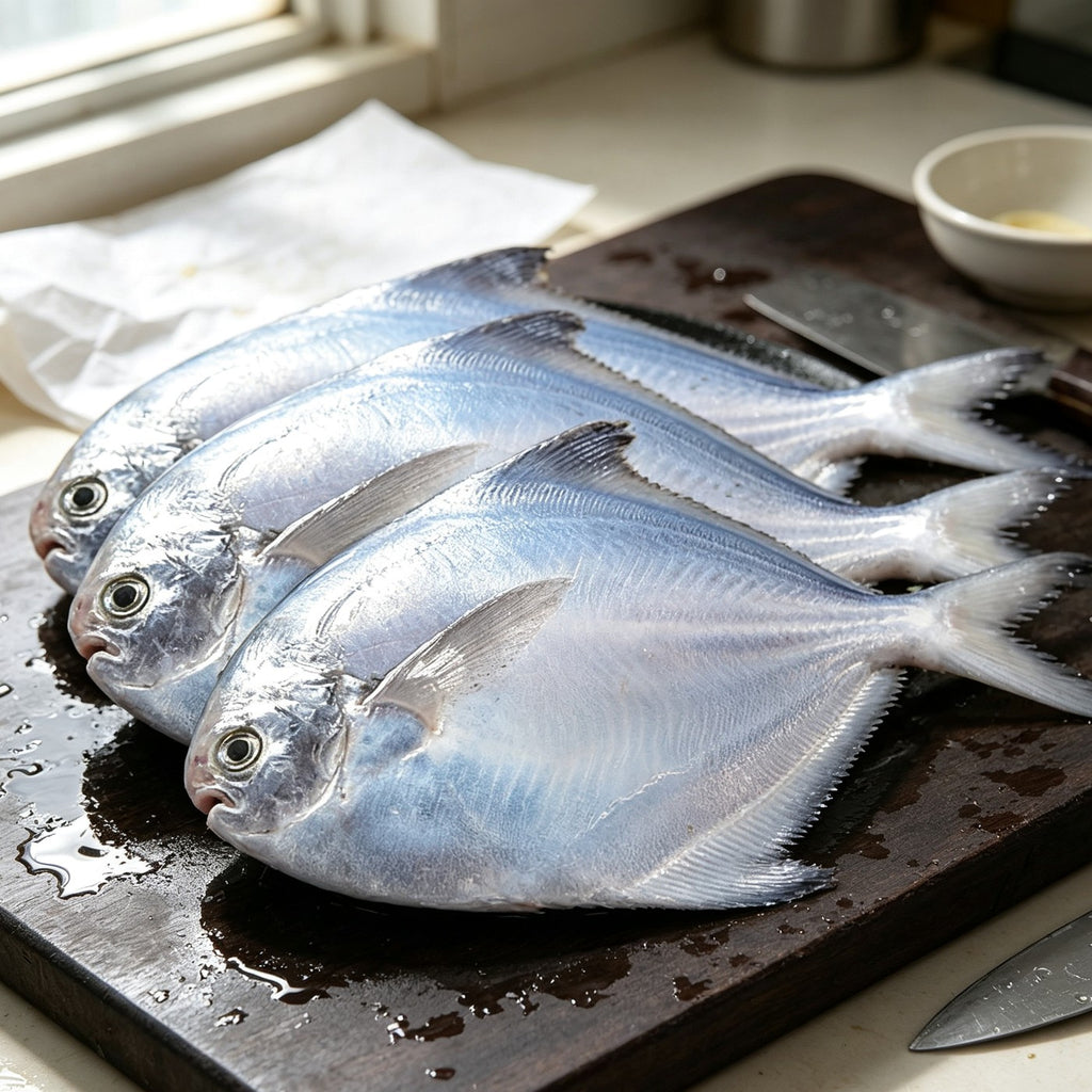 Three whole silver pomfret on a dark slate board