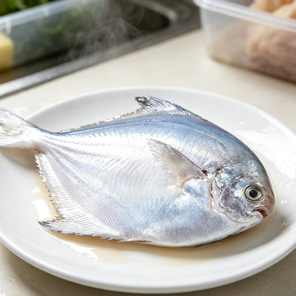 Single whole silver pomfret on a white plate showing its metallic sheen