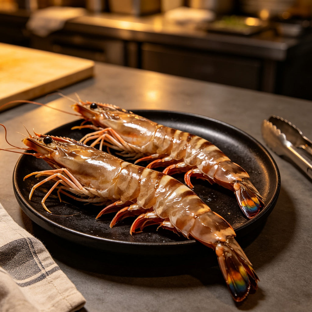 Raw kuruma prawns with bold dark bands on a black plate