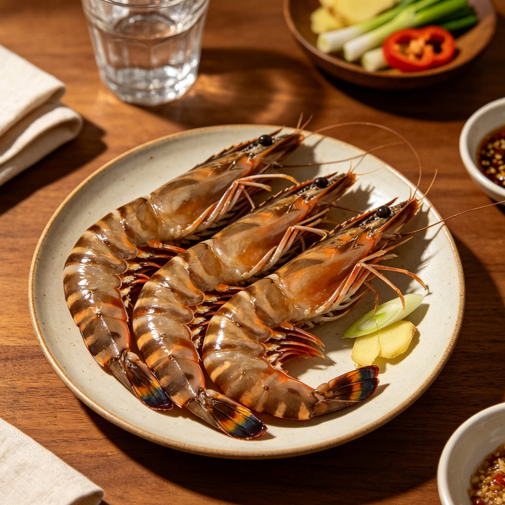 Banded kuruma prawns on a cream plate with ginger
