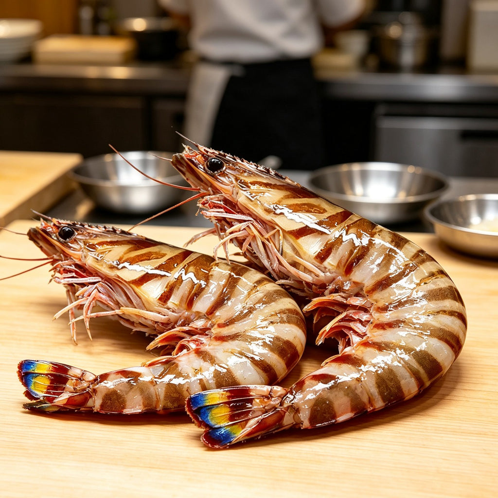 Raw kuruma prawns showing the blue and yellow tail fan